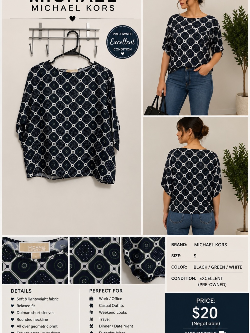 Michael Kors Black, Green & White Geometric Dolman Tunic
